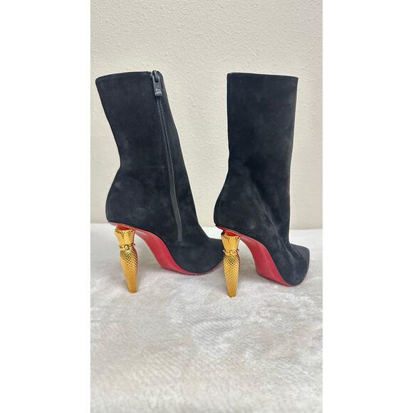 Christian Louboutin Shoes - Christian Louboutin Boots Black with Red Sole & Gold Lipstick Heels.